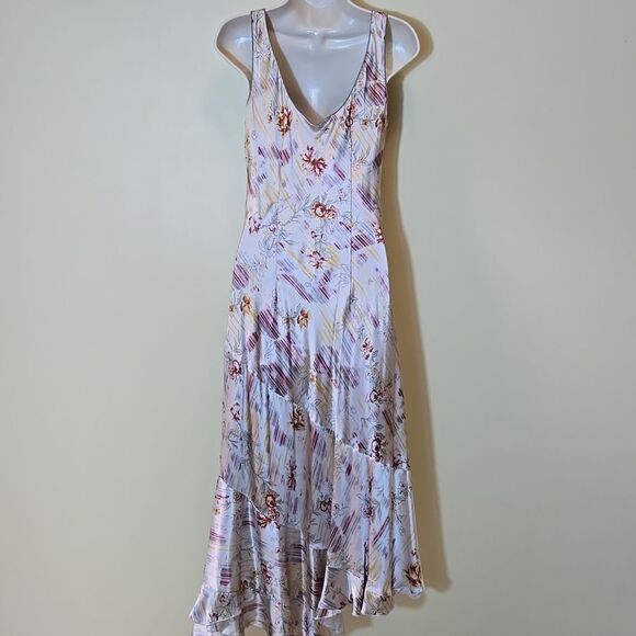 Vintage Lapis Y2K Fairy Silk Dress Size Large Beaded Asymetric Floral Midi Max - Picture 14 of 16